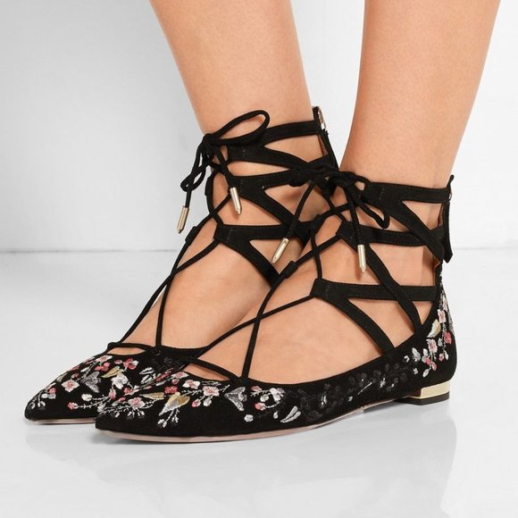 Aquazzura Belgravia Embroidered Suede Flats EUC